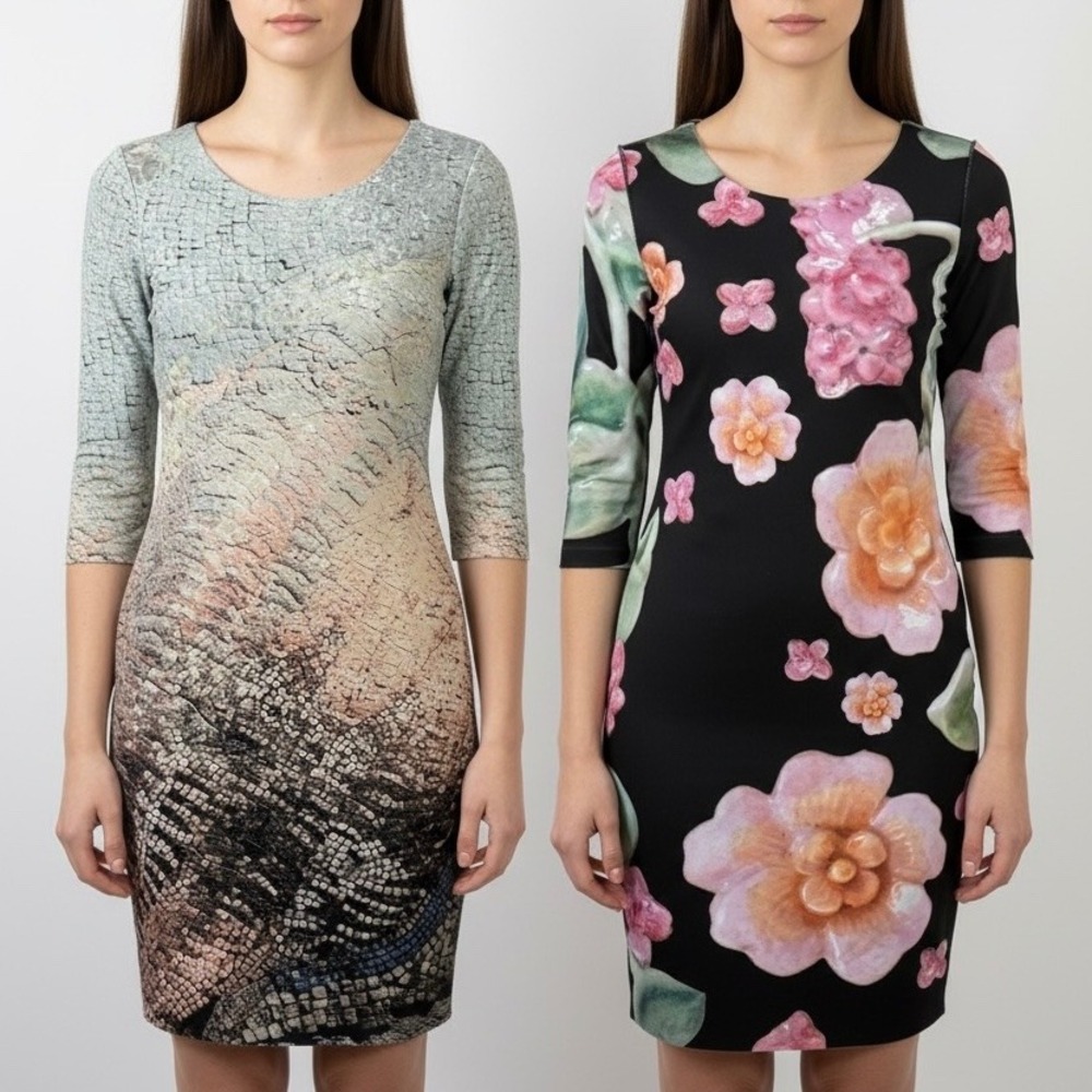 ANIMAPOP Italy Reversible Dress Small/Med O/S Mosaic Floral Print Scuba Bodycon